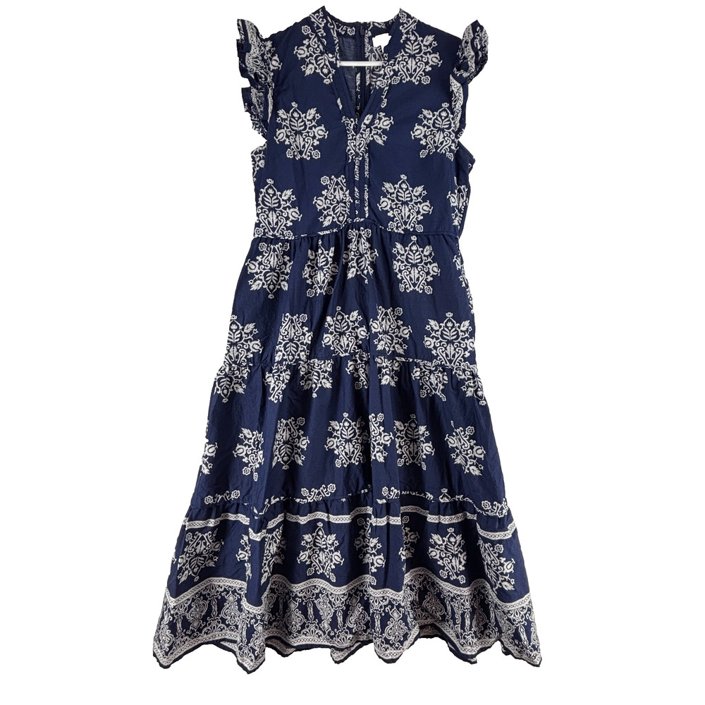 CeCe Women's Flutter Sleeve V Neck Tiered Maxi Dress Navy & White Large Pockets